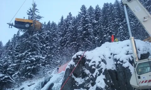 Seward- Lowell Cr Tunnel- M2C1 Const lifting line pump to tunnel entrance for pumping high-strength, 12,000 psi shotcrete.